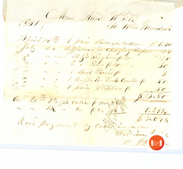 Receipt for cloth and other goods via William Murdock (location unknown), by Ann H. White, 1851