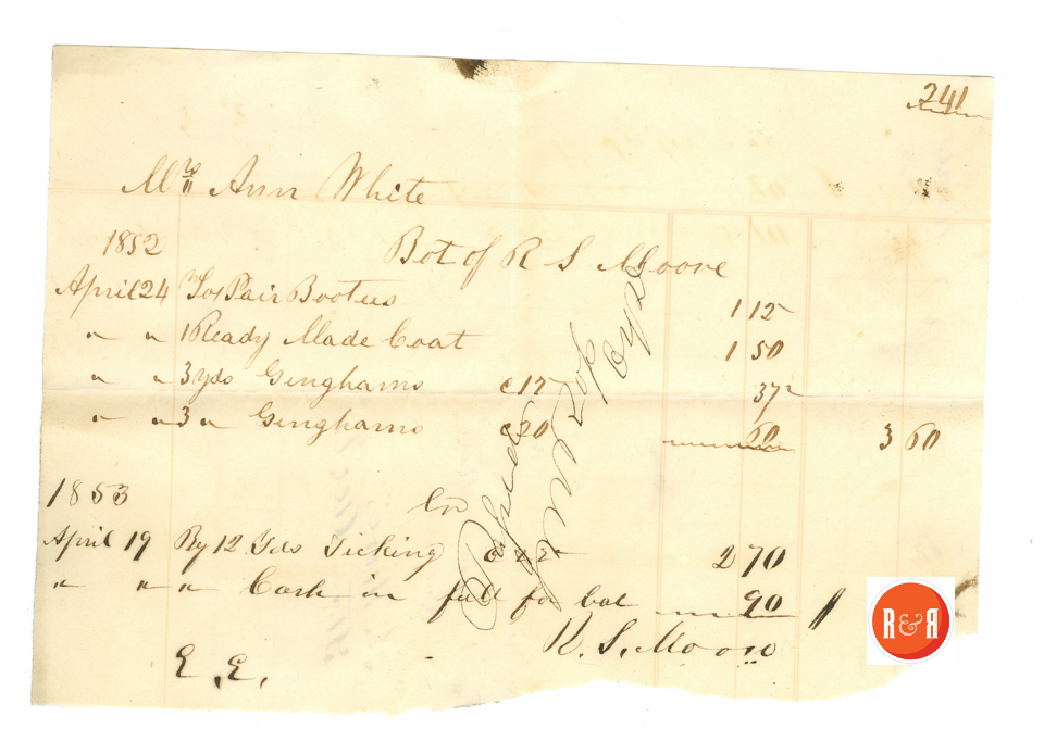 Receipt for cloth from R.S. Moore - 1852 & 1853 - Courtesy of the White Collection/HRH 2008