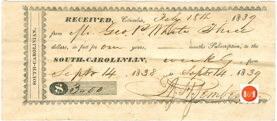 Receipt for the South Carolinian News - 1838