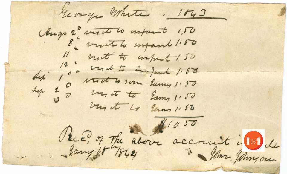 Medical receipt for White's by John Johnson - 1844