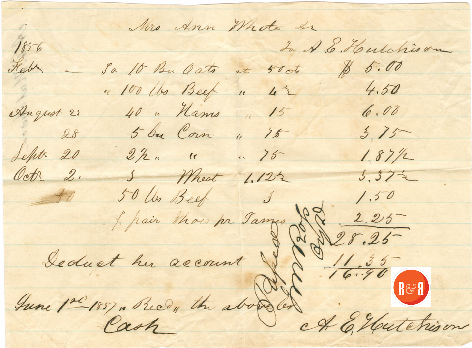 A.E. Hutchison sells food stuffs to Ann H. White - 1856 - Courtesy of the White Collection/HRH 2008