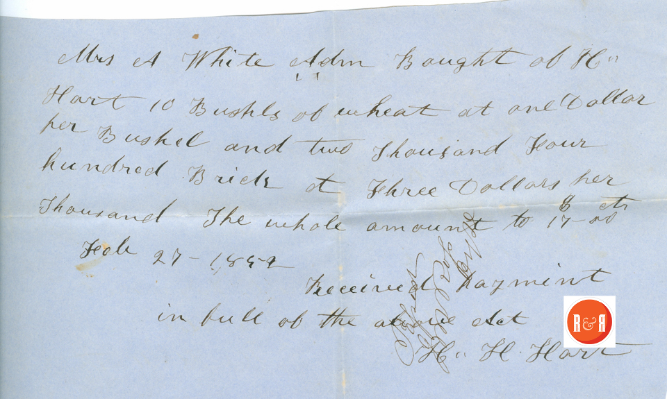 H. Hart's Receipt - Flour and 2400 brick for Ann H. White - 1859 - Courtesy of the White Collection/HRH 2008