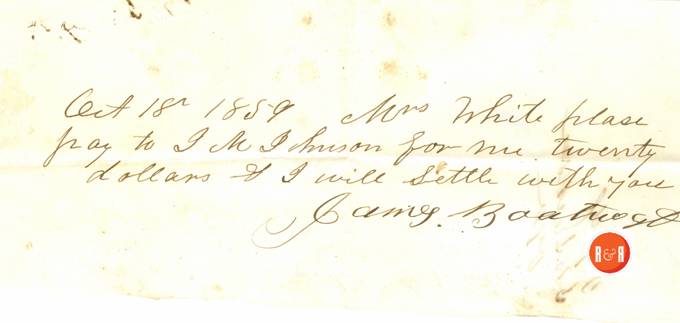 J. M. Johnson and James Boatwright (Overseer) 1859 -  J.A. Brown's Ordinary Fee Payment - 1866  Courtesy of the White Collection/HRH 2008