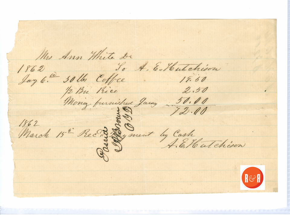 Ann H. White purchases coffee from A.E. Hutchison, Co., 1862 - Courtesy of the White Collection/HRH 2008