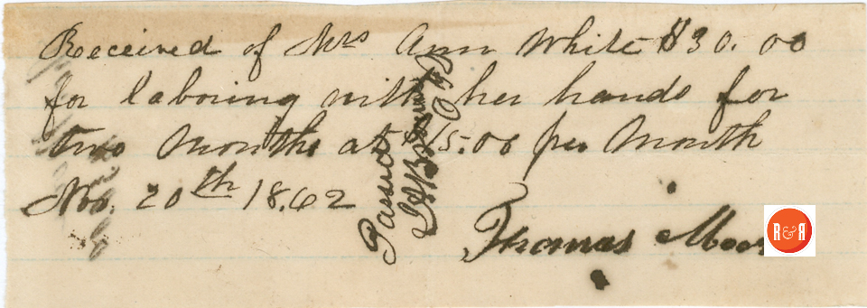 Ann H. White pays Frances Moore for labor, 1862 - Courtesy of the White Collection/HRH 2008