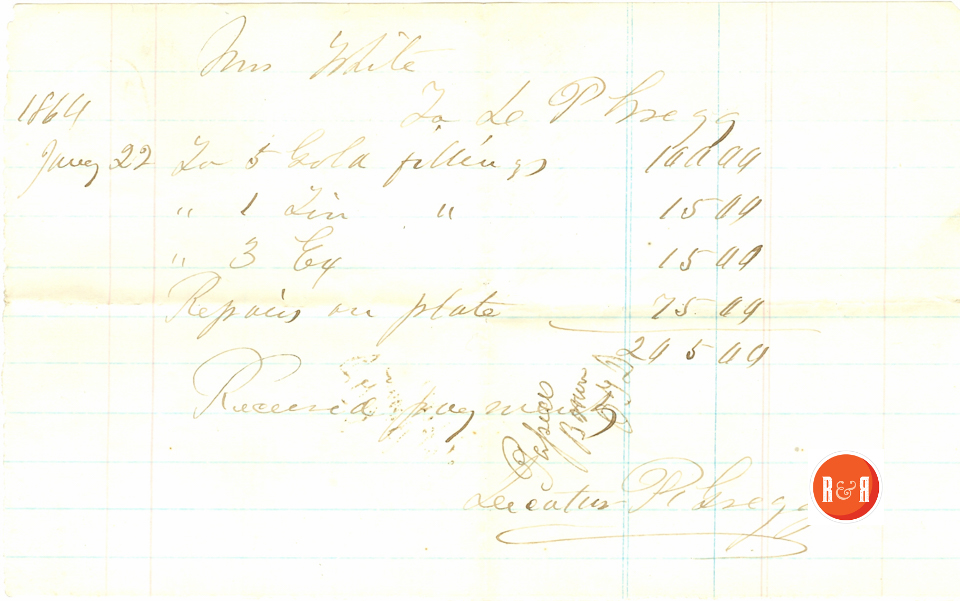 Ann H. White pays Leeatus ________ (DDM) for gold fillings 1864 - Courtesy of the White Collection/HRH 2008