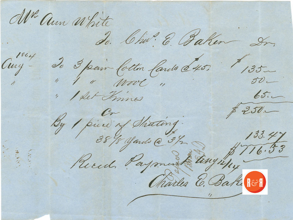 Ann H. White pays Charles E. Baker for household items 1864 - Courtesy of the White Collection/HRH 2008
