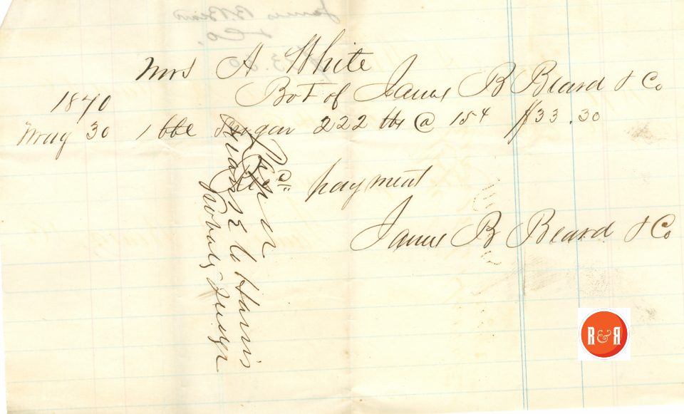 Ann H. White buys 222 lbs sugar from the Beard Co., 1870 - Courtesy of the White Collection/HRH 2008