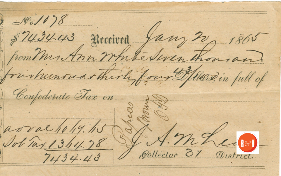 Ann H. White pays 1865 Confederate Take Bill of $7,434.43 - Courtesy of the White Collection/HRH 2008
