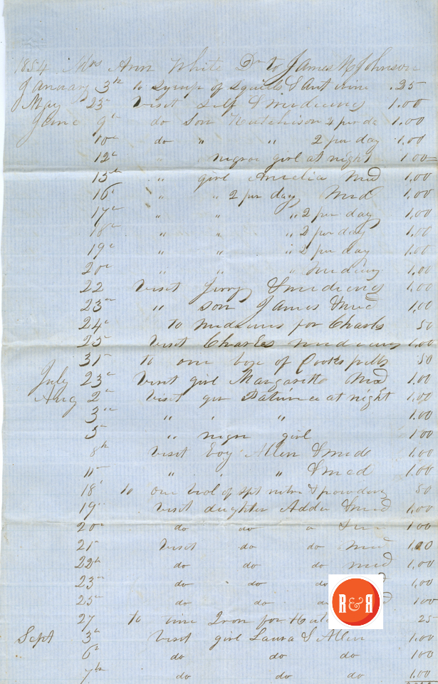 James M. Johnson MD - 1854 Receipt for services to Ann H. White - Courtesy of the White Collection/HRH 2008, p. 1