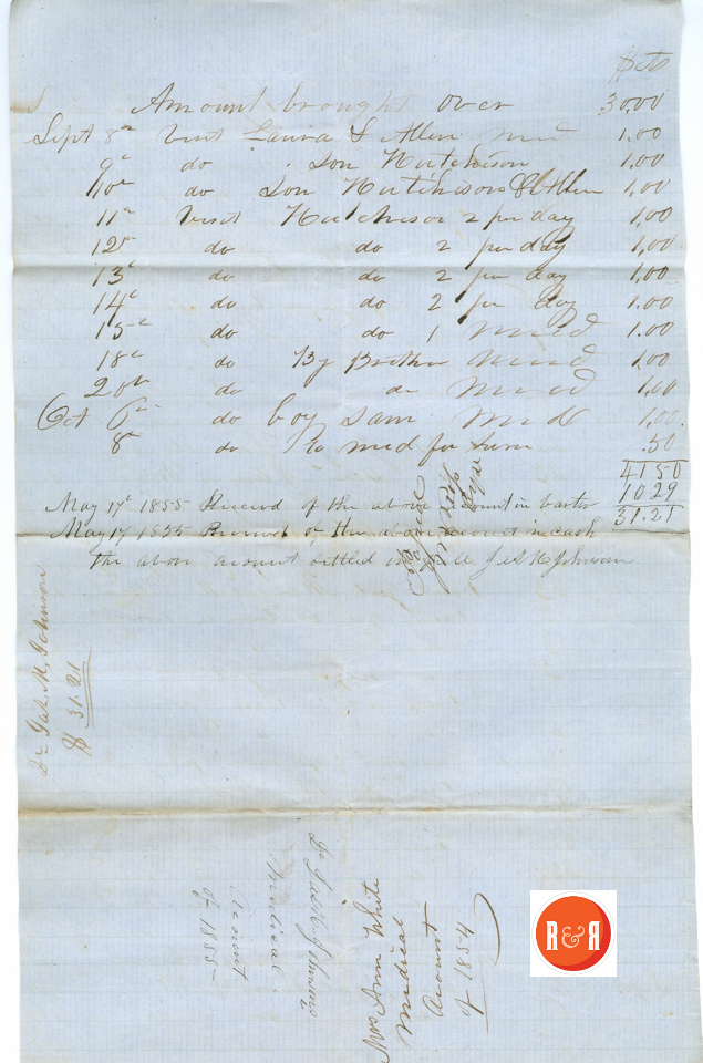 James M. Johnson MD - 1854 Receipt for services to Ann H. White - Courtesy of the White Collection/HRH 2008, p. 2