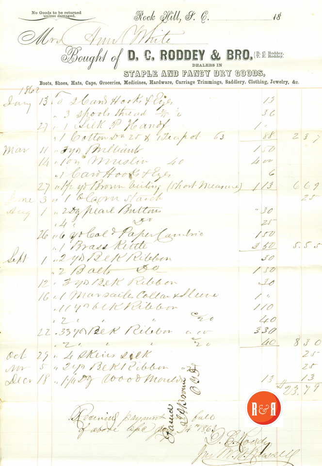 Bill to Ann H. White from Roddey Co., 1862 - Courtesy of the White Collection/HRH 2008