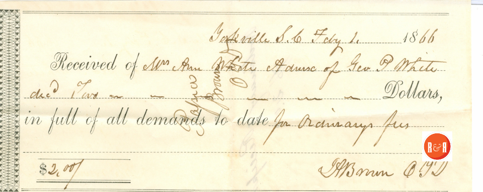 J.A. Brown's Ordinary Fee Payment - 1866  Courtesy of the White Collection/HRH 2008