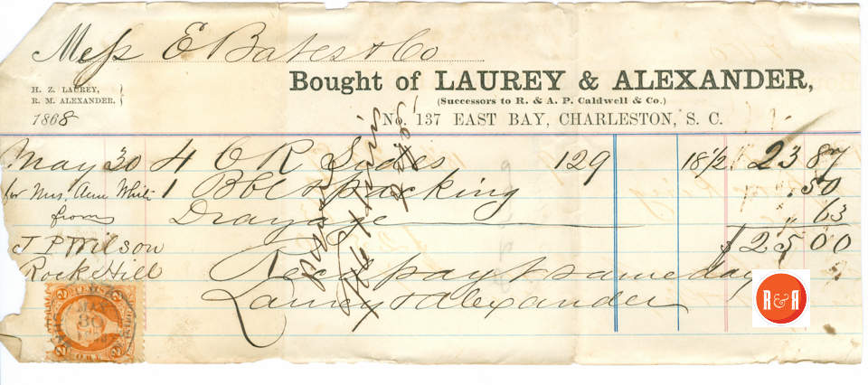 Items purchased in Charleston, S.C. 1868 per J.P. Wilson for Ann H. White - Courtesy of the White Collection/HRH 2008