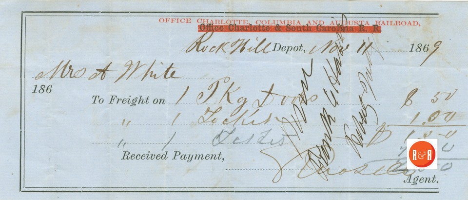Receipt for shipping doors to Ann H. White - 1869