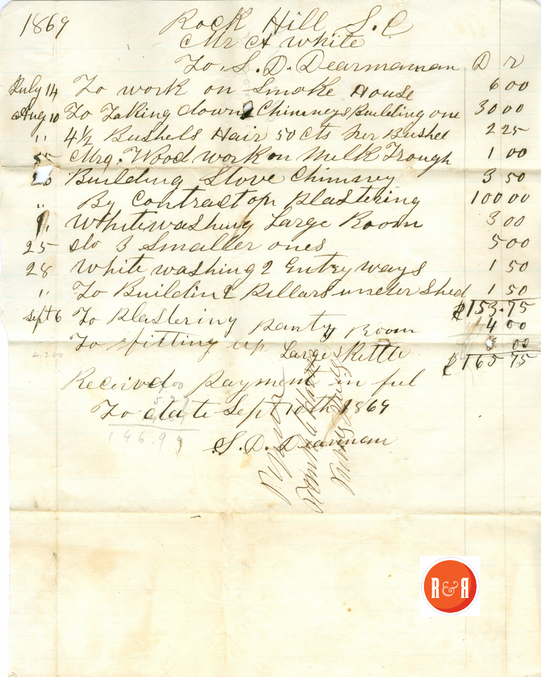 Ann H. White's Receipt for work on Smoke House and Mule Trough - 1869