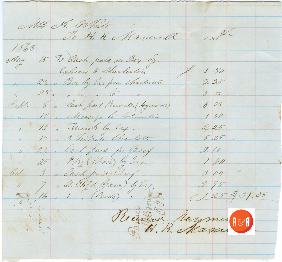 ANN H. WHITE PAID FOR SHIPPING AND RECEIVING ON THE RAILROAD 1863 - Courtesy of the White Collection/HRH 2008