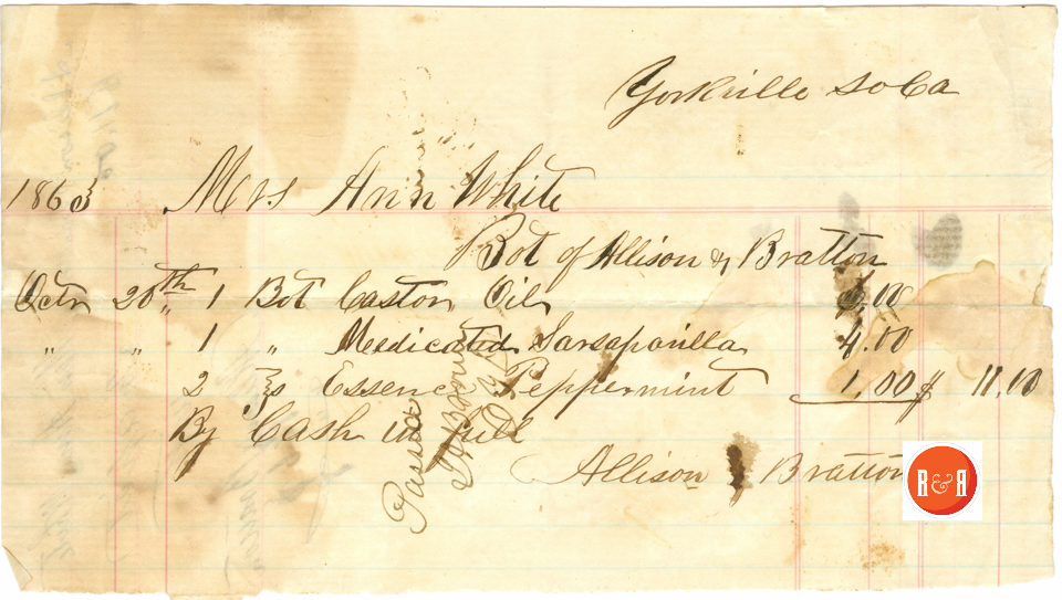 ANN H. WHITE PAID FOR MEDICAL NEEDS 1863 - Courtesy of the White Collection/HRH 2008