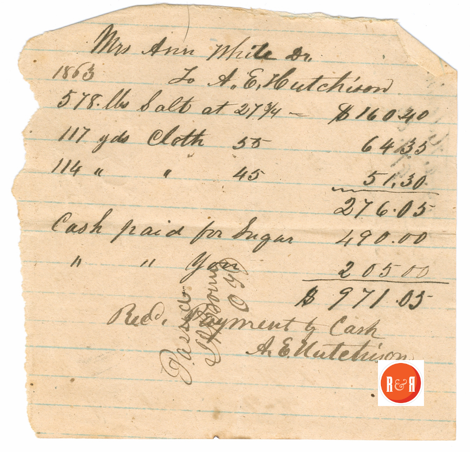 ANN H. WHITE PAID A.E. HUTCHISON FOR FOOD 1863 - Courtesy of the White Collection/HRH 2008