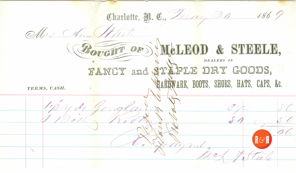 RECEIPT FROM MCLEOD AND STEELE OF CHARLOTTE, NC - 1869 #1