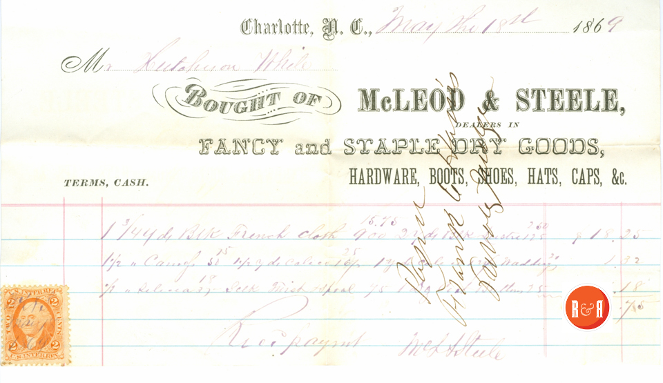 RECEIPT FROM MCLEOD AND STEELE OF CHARLOTTE, NC - 1869 #2