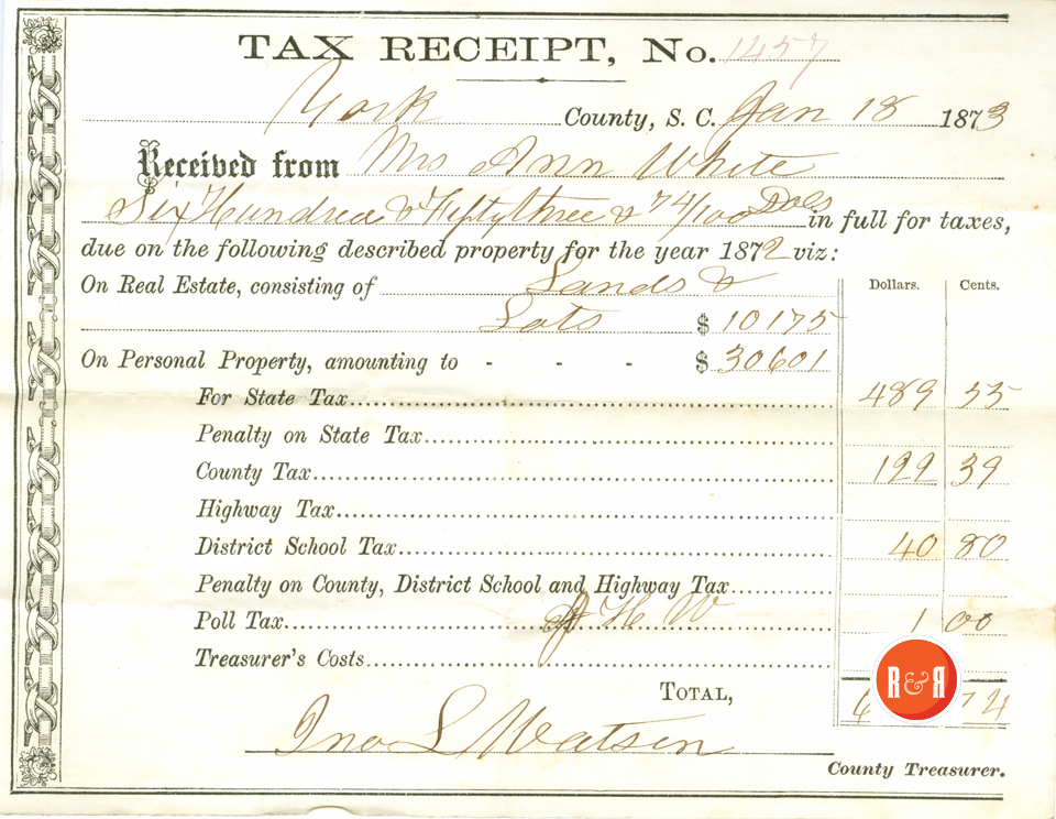 ANN H. WHITE PAID LAND/LOT TAX - 1873- Courtesy of the White Collection/HRH 2008