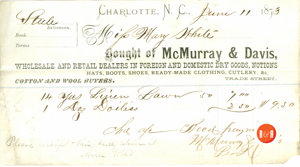ANN H. WHITE PAYS MCMURRY AND DAVIS - 1873 - Courtesy of the White Collection/HRH 2008