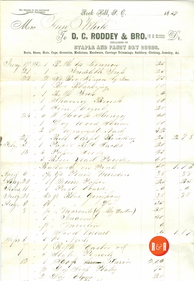 Bill to Ann H. White from Roddey Co., 1859 - Courtesy of the White Collection/HRH 2008, p.1