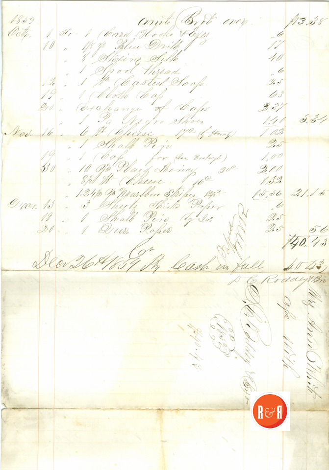 Bill to Ann H. White from Roddey Co., 1860 - Courtesy of the White Collection/HRH 2008, p.1