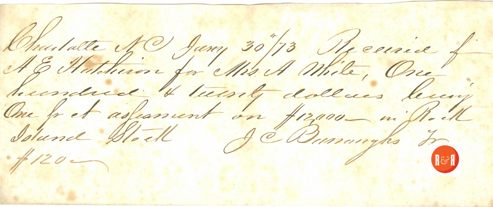 ANN H. WHITE PAYS $12,000. OF STOCKS - 1873 - Courtesy of the White Collection/HRH 2008