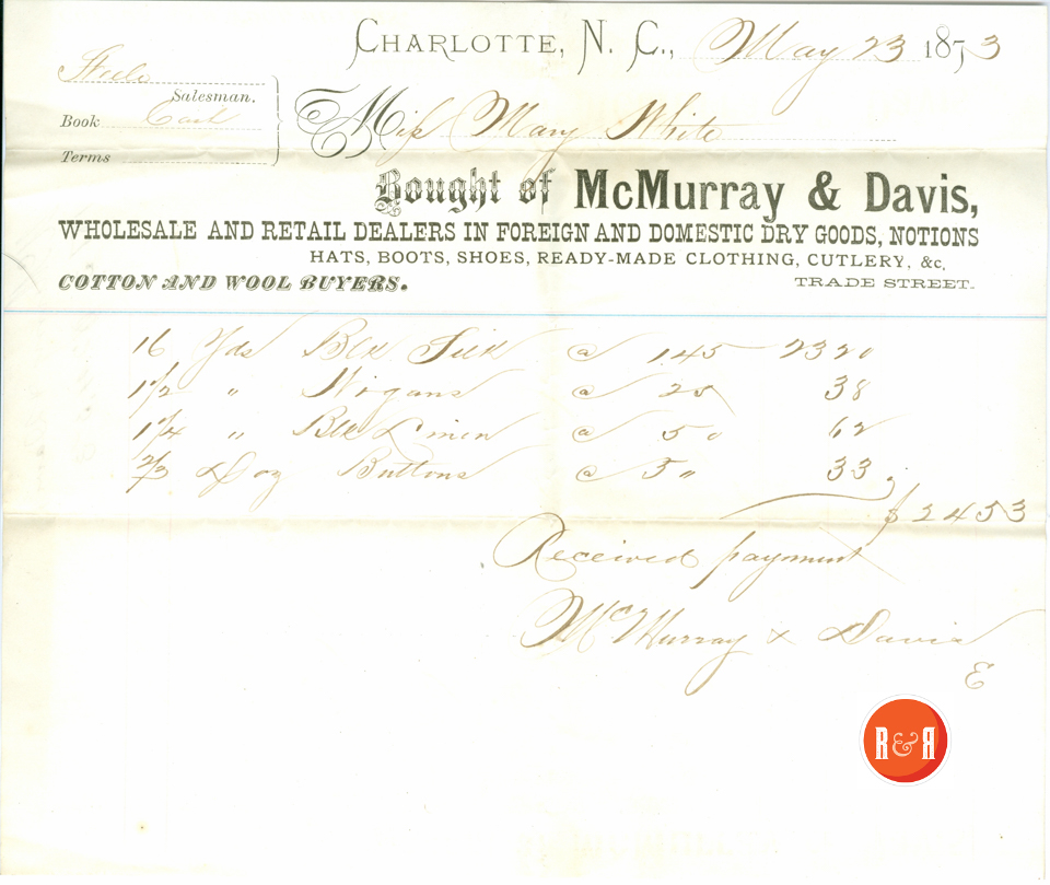 ANN H. WHITE PAYS GOODS FROM MCMURRAY AND DAVIS - 1873 - Courtesy of the White Collection/HRH 2008