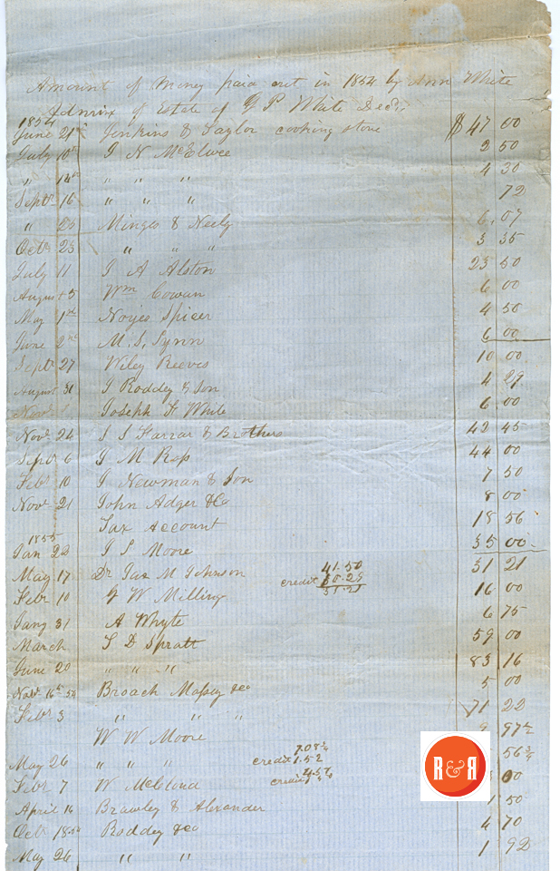 ANN H. WHITE ESTATE ACCOUNT - 1854 - Courtesy of the White Collection/HRH 2008, p.1
