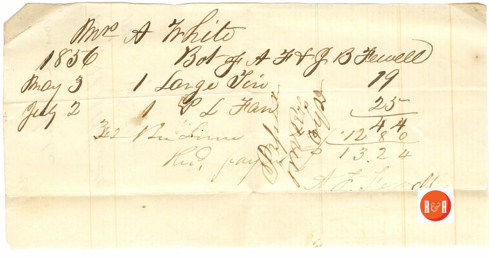 ANN H. WHITE BUYS GOODS FROM THE FEWELL CO., 1856 - Courtesy of the White Collection/HRH 2008