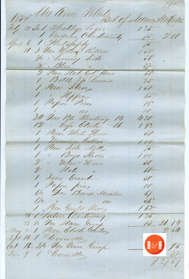 ANN H. WHITE BUYS FROM ADAMS AND MCCORKLE - 1854 - Courtesy of the White Collection/HRH 2008