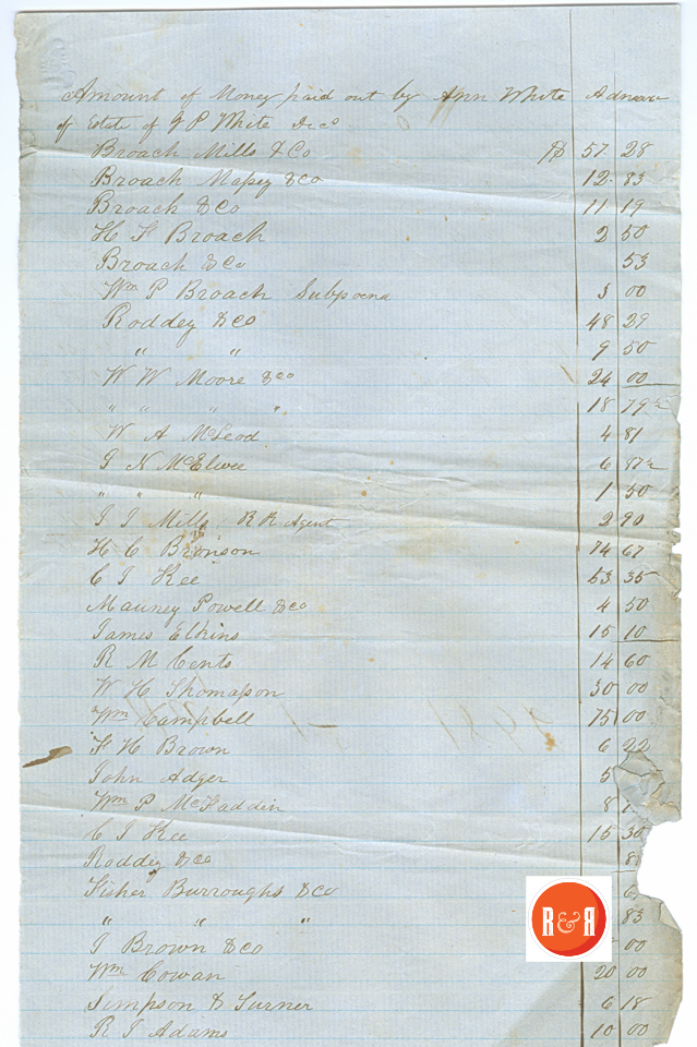ANN H. WHITE ESTATE ACCOUNT - 1856 - Courtesy of the White Collection/HRH 2008, p.1