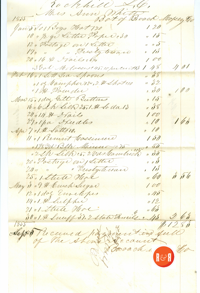 ANN H. WHITE Receipt for the firm of Broach & Massey - 1855 - Courtesy of the White Collection/HRH 2008