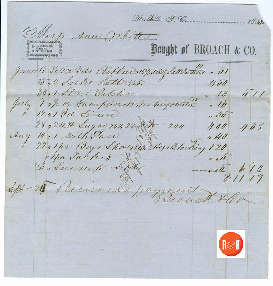ANN H. WHITE Receipt for the firm of Broach and Co. - 1855 - Courtesy of the White Collection/HRH 2008