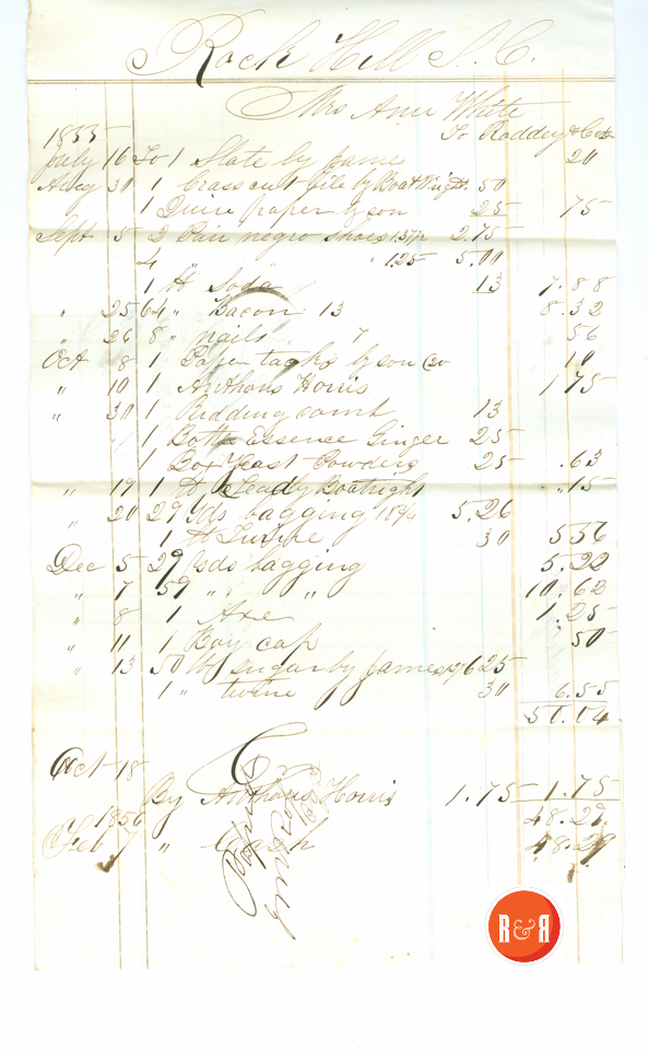 Ann H. White's bill for 1855@ the Roddey and Company firm of Rock Hill, S.C. - 1855