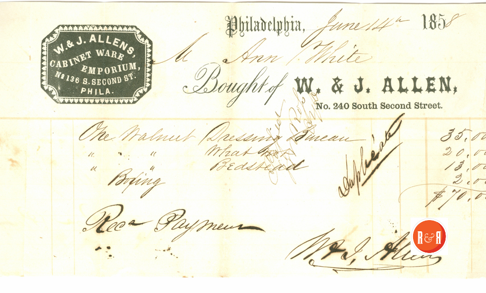 Receipt for furniture from Allen Cabinet Ware Emporium - 1858 - Baltimore, Md.