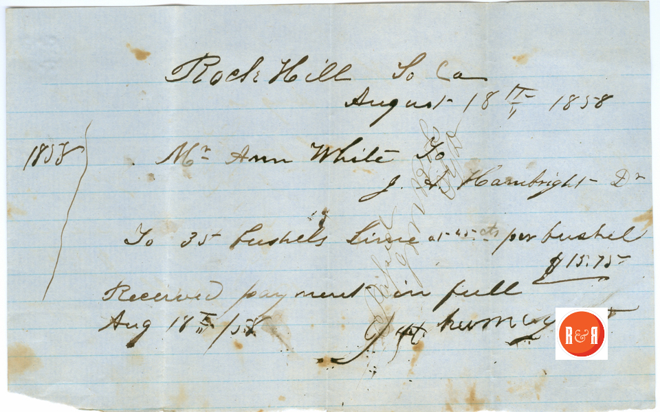 J.A. Hambright's Bill for lime - 1858 - Courtesy of the White Collection/HRH 2008