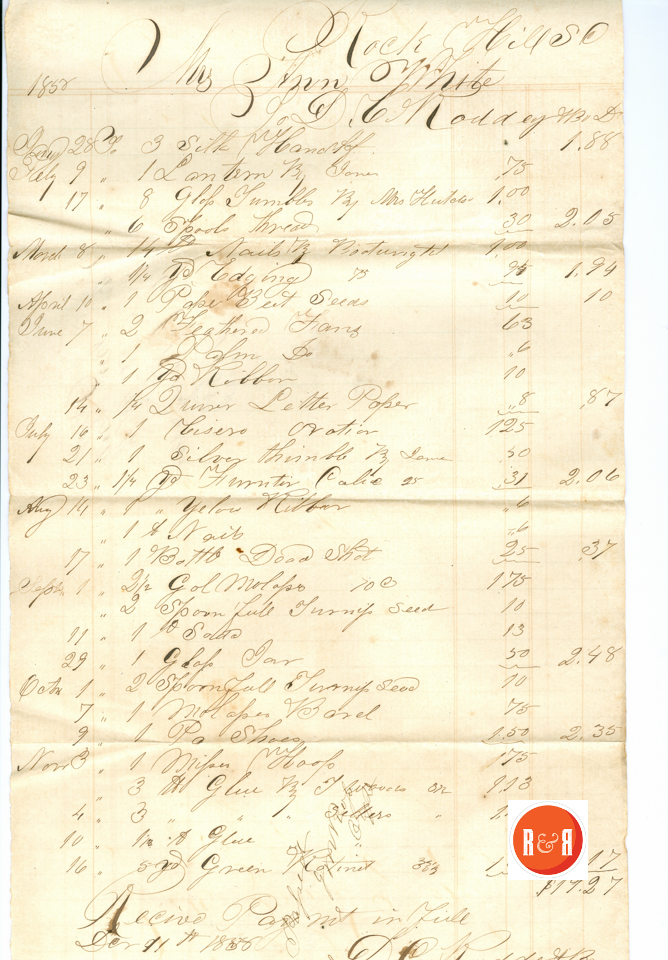 Bill to Ann H. White from Roddey Co., 1858 - Courtesy of the White Collection/HRH 2008