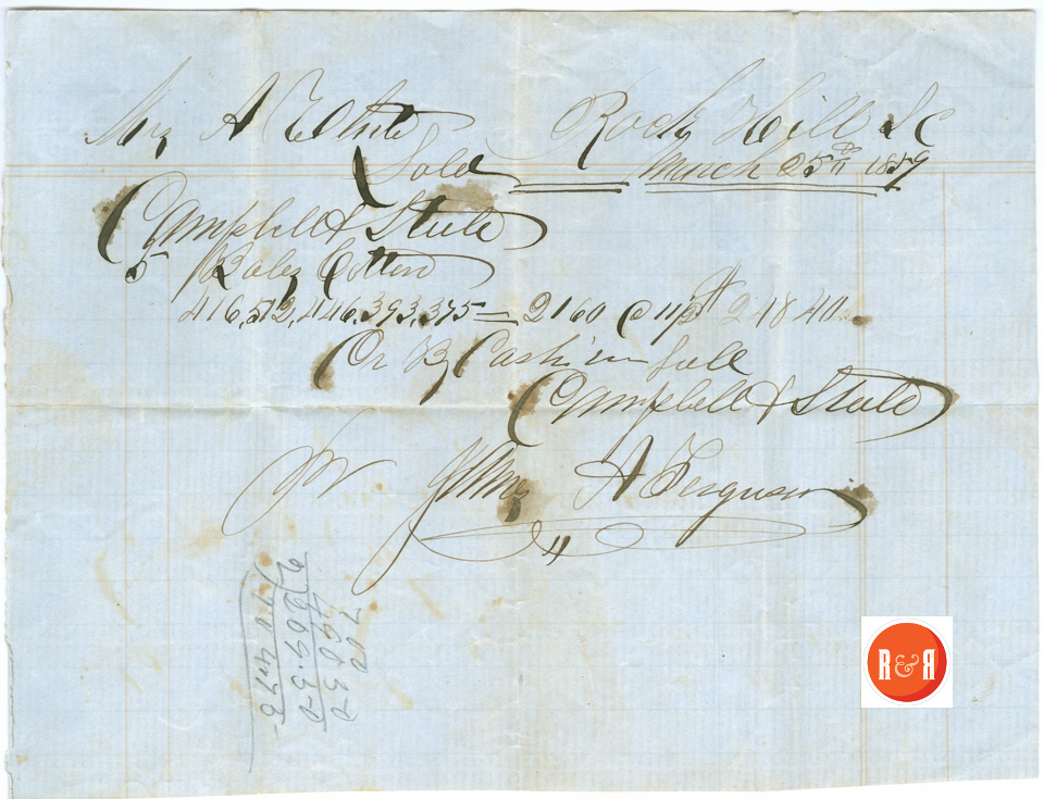 ANN H. WHITE's RECEIPT FOR COTTON SALES - 1859 - Courtesy of the White Collection/HRH 2008