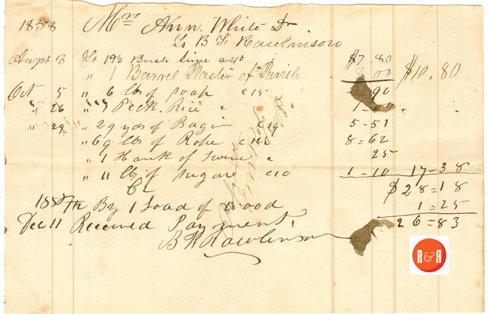 B.F. Rawlinson's receipt for Ann H. White in 1858 - Courtesy of the White Collection/HRH 2008