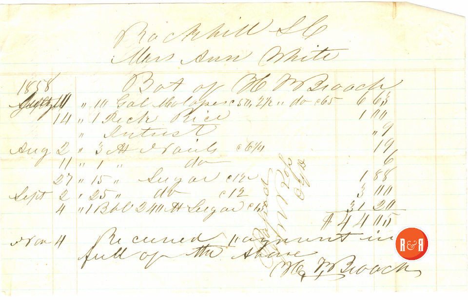 N.B. Broach receipt for Ann H. White in 1858 - Courtesy of the White Collection/HRH 2008