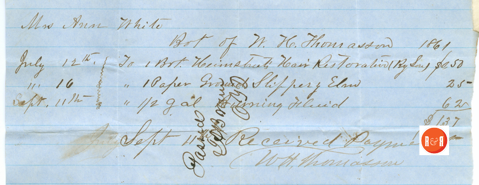 W.W. Thomasson's bill to Ann H. White for goods - 1861 -  Courtesy of the White Collection/HRH 2008