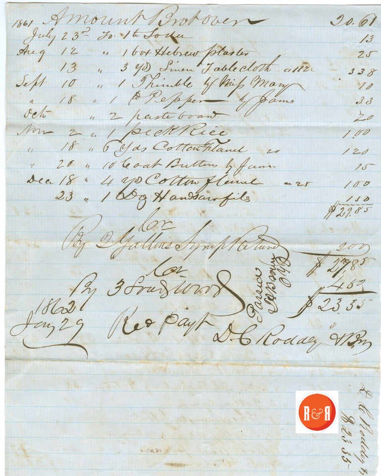 D.C. Roddey's account for Ann H. White for goods - 1861 -  Courtesy of the White Collection/HRH 2008, p. 2