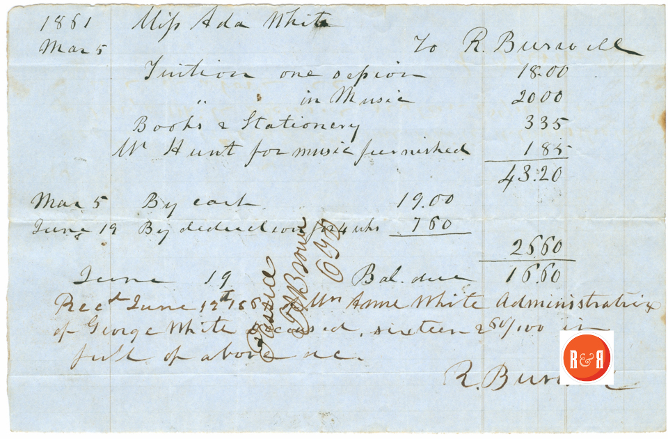 R. Burwell's bill to Ann H. White for education - 1861 -  Courtesy of the White Collection/HRH 2008