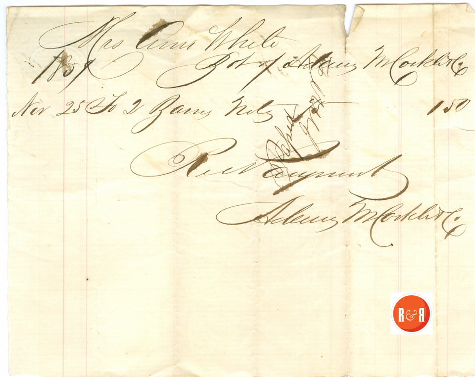 ANN H. WHITE BUYS FROM ADAMS AND MCCORKLE - 1856 - Courtesy of the White Collection/HRH 2008