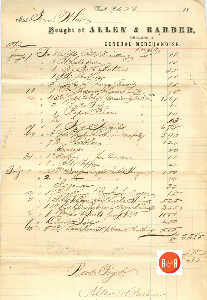 Allen and Barber's account with Ann H. White - 1872 - Courtesy of the White Collection/HRH 2008