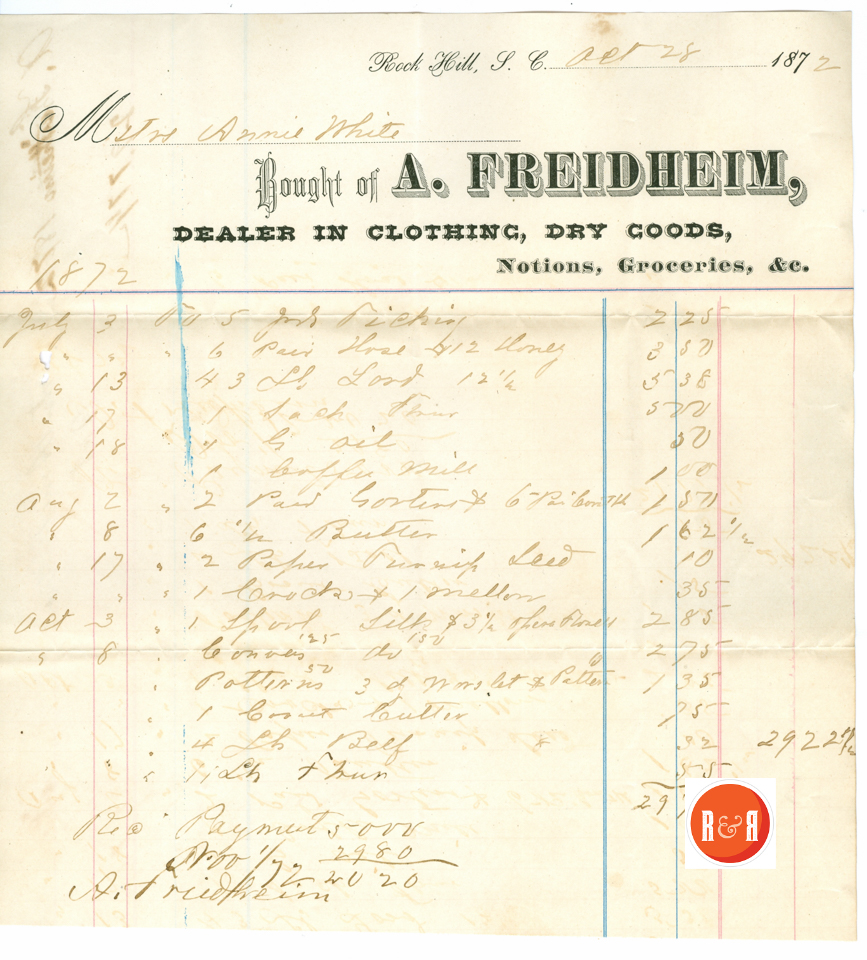 A. Friedheim's account with Ann H. White - 1872 - Courtesy of the White Collection/HRH 2008